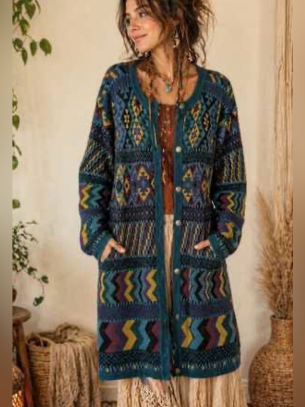 Chico's Design Teal & Purple Patterned Knit Longline Cardigan